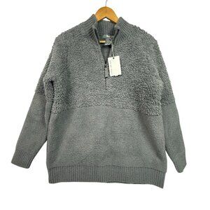 BAREFOOT DREAMS Cozychic Mixed Shearling Pullover Glacier Gray 1/2 Zip Sz L NWT